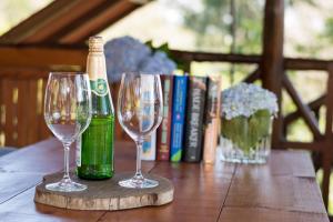two wine glasses and a bottle on a table with books at Vista Turrialba Lodge in Turrialba
