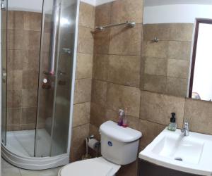 ein Bad mit einer Dusche, einem WC und einem Waschbecken in der Unterkunft Apartaestudio cerca al parque principal in Los Andes