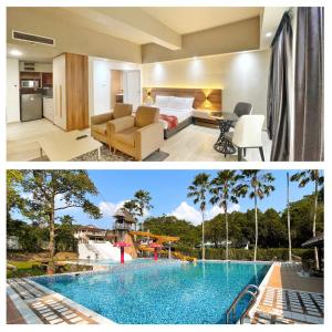 two pictures of a hotel room and a pool at The Avenue M in Johor Bahru
