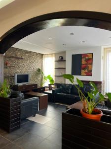 a living room with black furniture and a brick wall at Pensiunea Rodis in Moieciu de Sus +11 photos