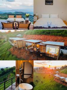 a collage of photos of a hotel with a bed and a view at บ้านพักภูมา 