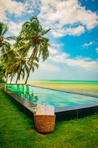a swimming pool with palm trees and the beach at RCH LUXURY HOTEL & POOL in Dibulla