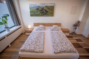 2 Betten in einem Zimmer mit Fenster in der Unterkunft Innsbruck City Apartment + 1 free parking spot in Innsbruck