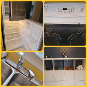 a collage of four pictures of a kitchen with a sink at TheSunshine: Bright&Peaceful 2 Bdrm Character Home in Saskatoon