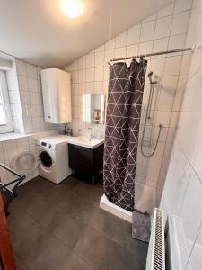 a bathroom with a shower and a sink and a washing machine at Ferienwohnung Lahnbachallee, Schwaz in Schwaz +42 photos