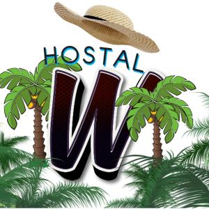 un logotipo de equipo de béisbol con palmeras y un sombrero en Hostal Casa W, en Cartagena de Indias