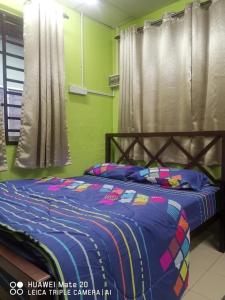 a bedroom with a bed and a green wall at LS ROMESTAY in Kangar