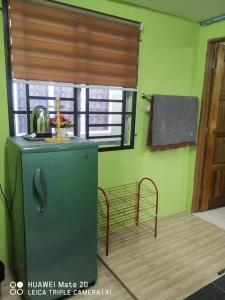 a green kitchen with a green refrigerator and a window at LS ROMESTAY in Kangar