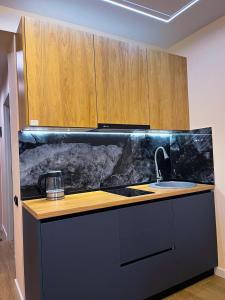um balcão de cozinha com um lavatório e armários de madeira em New Gudauri F4 em Gudauri