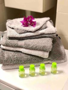 einen Stapel Handtücher auf einer Badezimmertheke in der Unterkunft 2 min de la Plage, Parking, Terrasse & Wifi! in Six-Fours-les-Plages