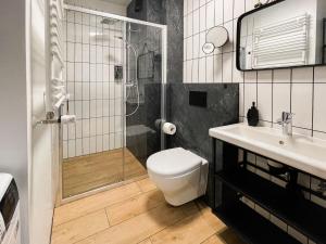 W łazience znajduje się prysznic, toaleta i umywalka. w obiekcie Urban Apartment Deluxe Szczecin Dąbie w Szczecinie