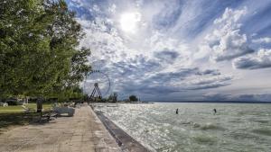 una noria en medio de un cuerpo de agua en Hotel Lido en Siófok