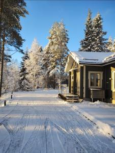 una casa en la nieve con entrada en Villa Aleksi with Sauna, en Rovaniemi