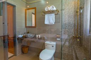 La salle de bains est pourvue de toilettes et d'un lavabo. dans l'établissement Phuoc Dat Riverside Homestay Hoi An, à Hội An