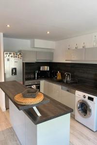 a kitchen with a counter top with a washer and dryer at Le Globetrotteur T3 pour 4 pers 70m2 au cœur d'Annecy in Annecy