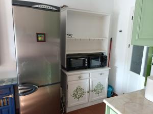 a kitchen with a stainless steel refrigerator and a microwave at Casa Pepa in Bubión