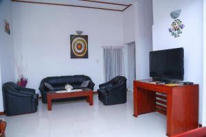 a living room with two chairs and a flat screen tv at Hemamala Bungalow in Anuradhapura