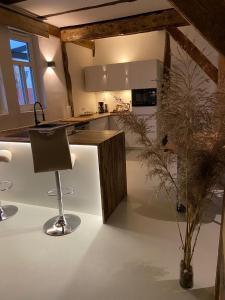 una cucina con bancone e un'isola in una stanza di Casa Linda, luxuriöse Ferienwohnung im Grünen a Ober-Ramstadt