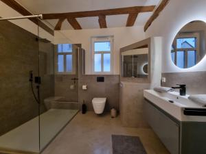 un bagno con doccia, WC e lavandino di Casa Linda, luxuriöse Ferienwohnung im Grünen a Ober-Ramstadt