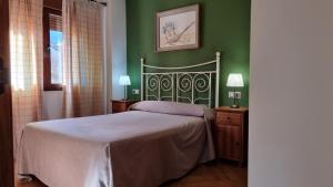 Apartamentos Rurales La Platea في إرفاس: غرفة نوم بسرير وجدار أخضر