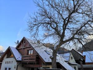 a wooden house with a tree in front of it at Penzión Admit in Terchová