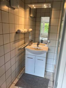 a bathroom with a sink and a mirror at Gartenparadies Apartment in Urbar in Urbar