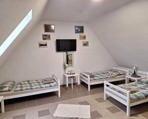 a room with three beds and a tv on the wall at ODRANSKA KLET D.O.O. in Sisak