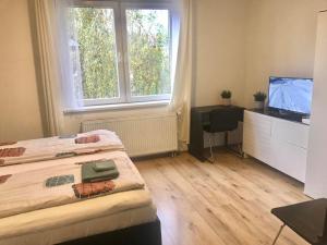 a bedroom with a bed and a tv and a window at Fresh house in Prague