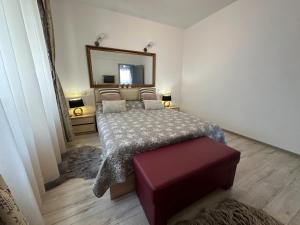 ein Schlafzimmer mit einem großen Bett und einem Spiegel in der Unterkunft Downtown "Rendez-Vous" Luxury in Bacău