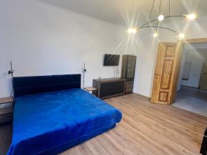 a bedroom with a blue bed and a tv at Comfort Center in Bytom