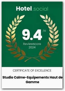 Certifikát, hodnocení, plakát nebo jiný dokument vystavený v ubytování Studio calme-équipements haut de gamme