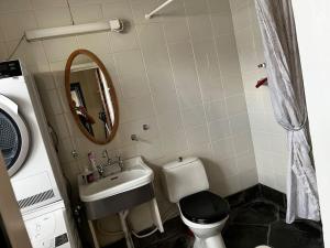 Posthuset في Veblungsnes: حمام صغير مع مرحاض ومغسلة