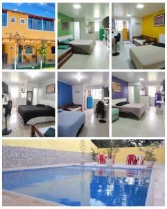 a collage of photos of a hotel room with a pool at Guest House Renascer K&W in Cabo Frio
