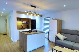 kuchnia i salon z kanapą i stołem w obiekcie Le Cosy Alpin, T2, parking proche lac w Annecy +9 zdjęć