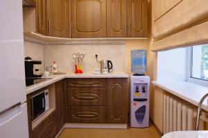 a small kitchen with wooden cabinets and a blender at APART-HOTEL VEGUS in Uralsk