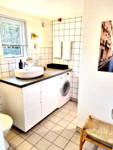 a bathroom with a sink and a washing machine at Neptun Studio-apartment with terrace. in Copenhagen