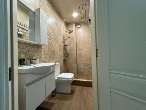 a bathroom with a toilet and a sink and a shower at Iko's Family Apartments in Batumi