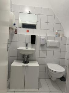 a white bathroom with a sink and a toilet at Charmante Altbauwohnung in Erlangen