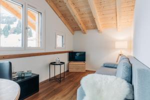 TV a/nebo společenská místnost v ubytování Chuenislodge3 neu&stilvoll, 2Balkone, echtes Bijou mit top-Aussicht