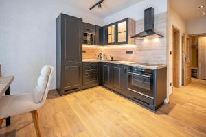 a kitchen with black cabinets and a wooden floor at Residence Klažary u Žumberka - Terasové apartmány in Kamenná