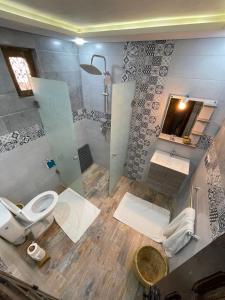 a bathroom with a toilet and a sink and a shower at AGAFAY BIV FOLK & SPA by WE CAMPS in Ourika