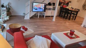 sala de estar con sofá y TV en Chalet Rotfuchs, en Braunlage