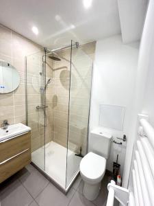 ein Bad mit einer Dusche, einem WC und einem Waschbecken in der Unterkunft le st roch* nouveau T2 *proche centre-ville* in Amiens