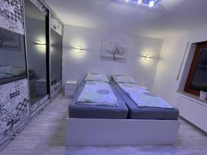 - une chambre avec 2 lits et un miroir dans l'établissement Wunderschönes 2 Zimmer Apartment Zentrum Goldstadt, à Pforzheim