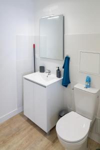La salle de bains blanche est pourvue de toilettes et d'un lavabo. dans l'établissement F2 HyperCentre Clermont Ferrand, à Clermont-Ferrand
