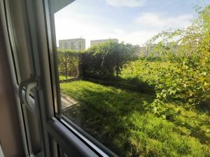 a window with a view of a green yard at Apartamenty Tychy Kopernika in Tychy
