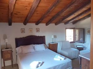 ein Schlafzimmer mit einem Bett und einem Stuhl in der Unterkunft Mas Regort in Vallfogona de Ripolles