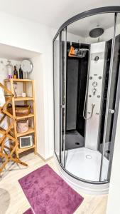 a bathroom with a shower and a purple rug at A la ville comme à la campagne in Sainte-Savine