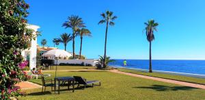 plaża z palmami i ławkami w obiekcie Sea Front Beach House Macarena A w mieście Sitio de Calahonda