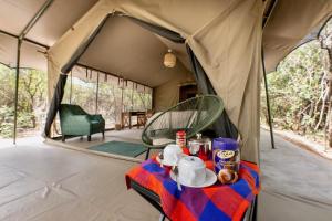 Talek的住宿－Olkinyei Mara Tented Camp，色彩缤纷的毯子上带食物和饮料的帐篷